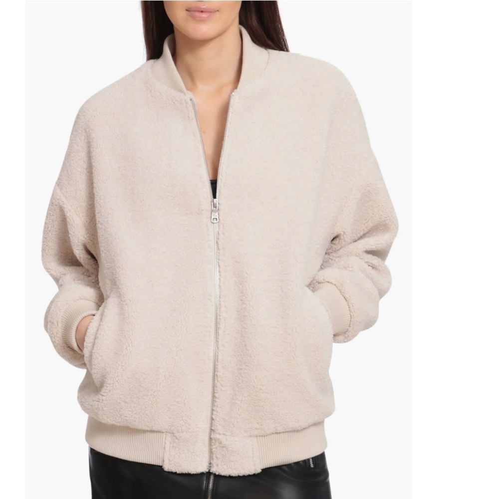 Avec‎ Les Filles Bomber Jacket Womens Size M Faux Fur Coat Beige Sherpa Full Zip